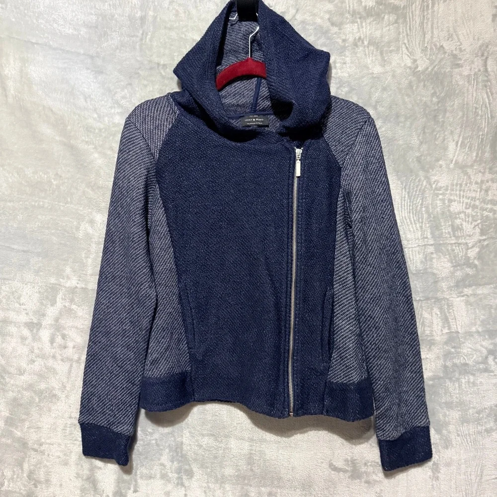 Lucky Brand Moto Hoodie Womens Medium Navy Blue Asymmetric Zip Textured Knit